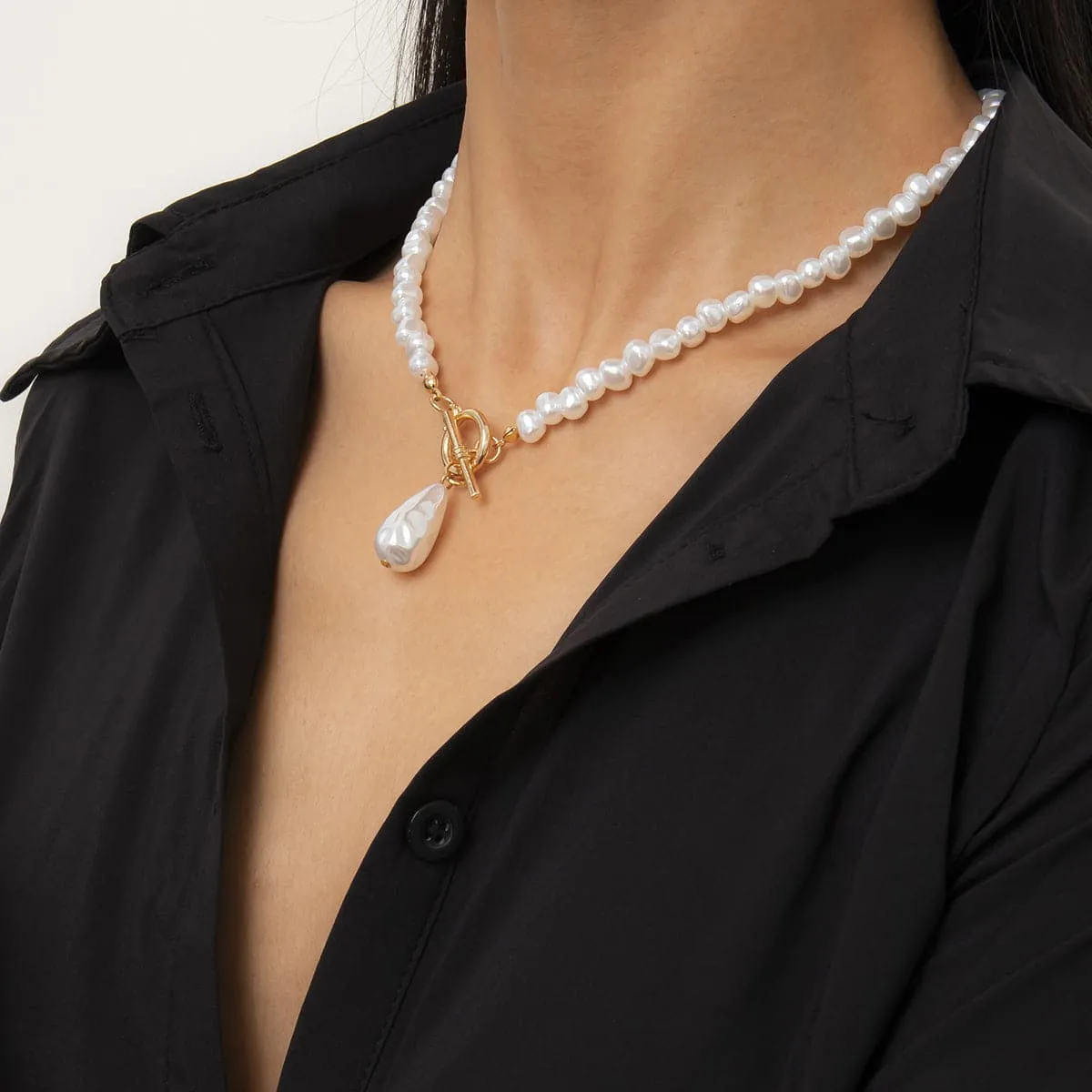 Pearl & 18K Gold-Plated Drop Toggle Pendant Necklace