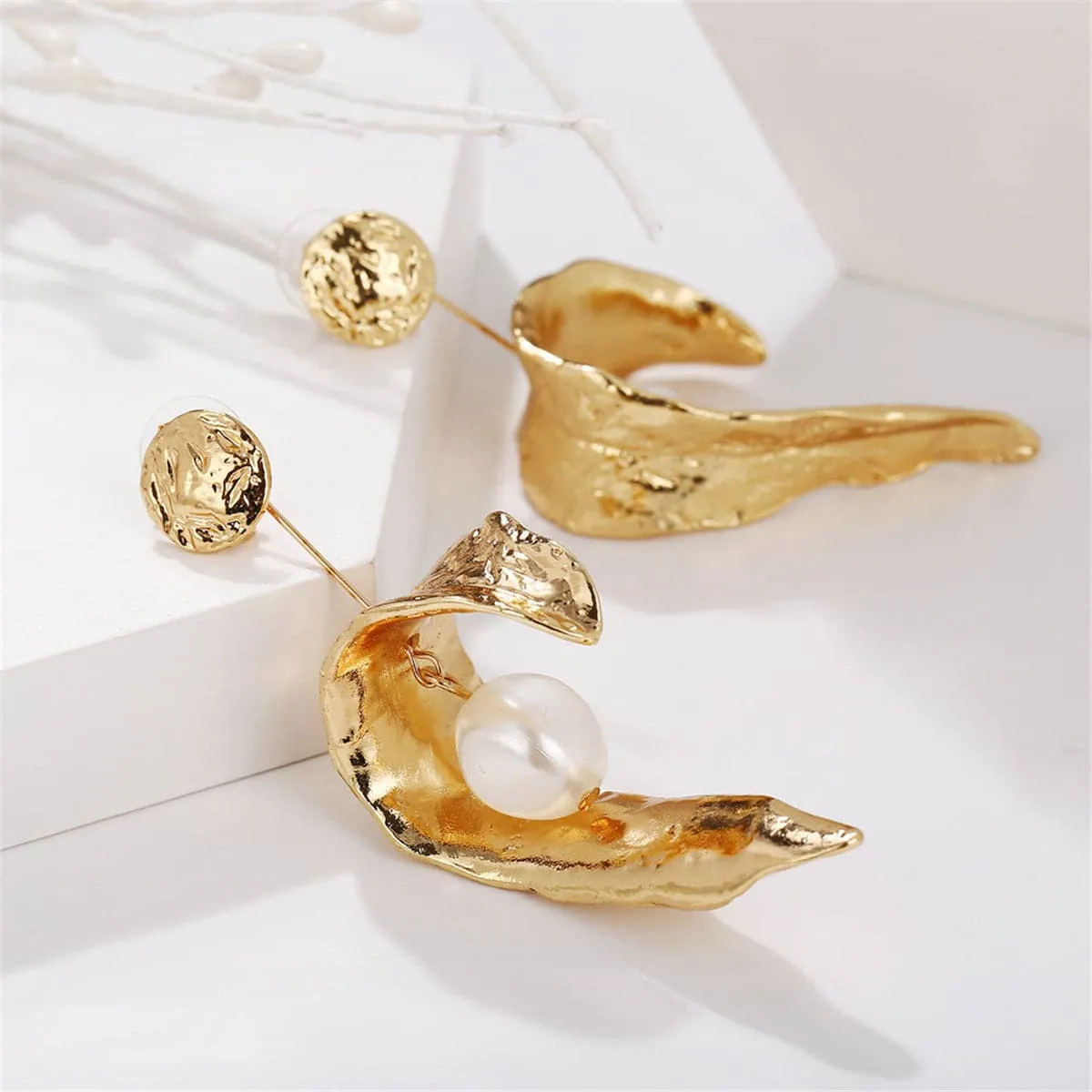Pearl & 18K Gold-Plated Leaf Drop Earring