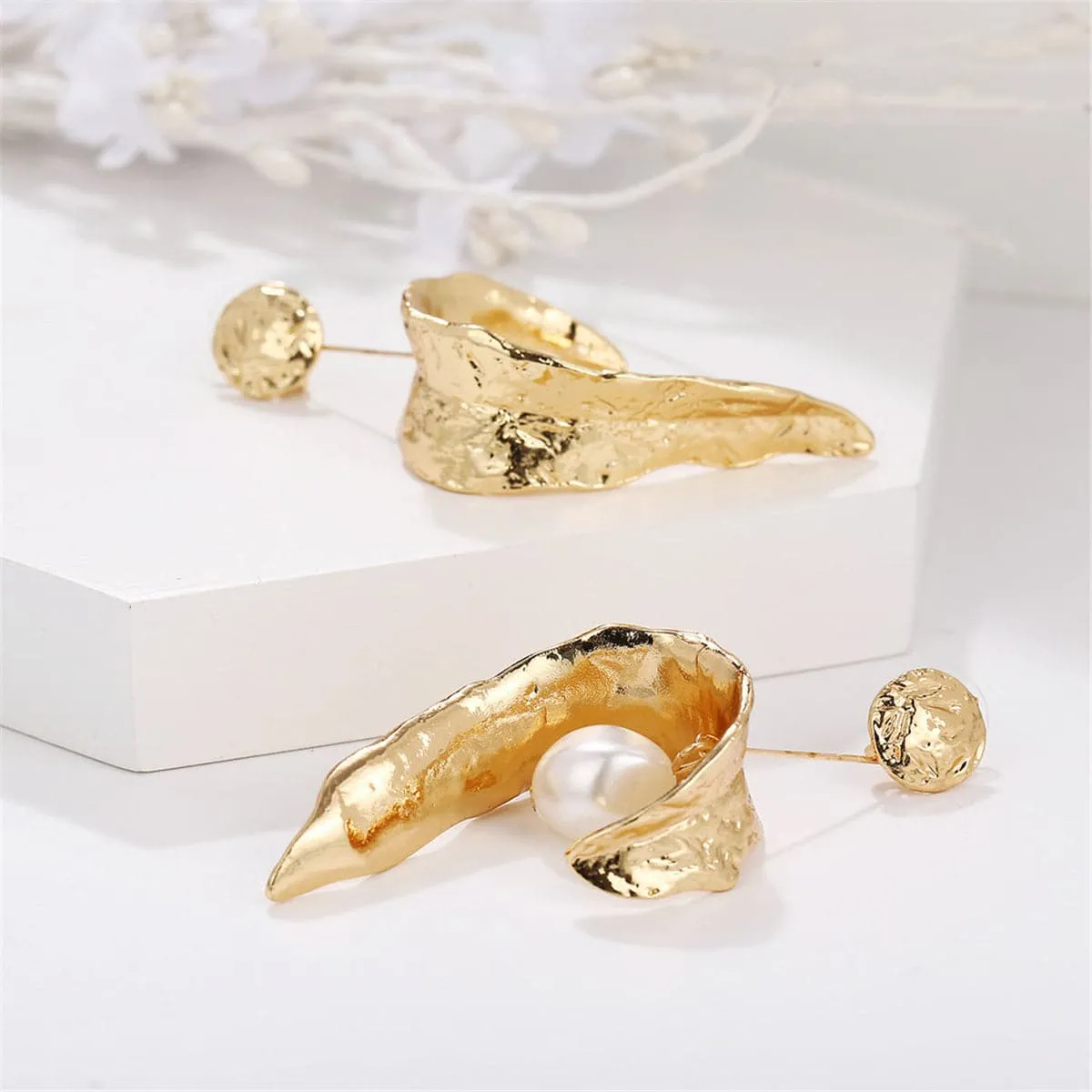 Pearl & 18K Gold-Plated Leaf Drop Earring