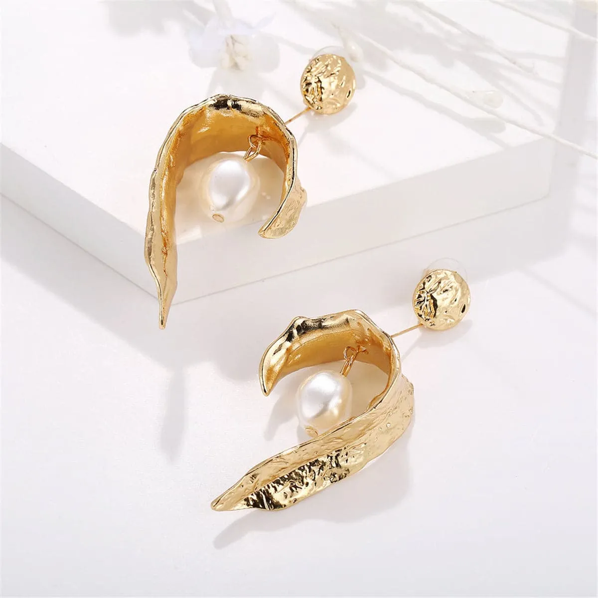 Pearl & 18K Gold-Plated Leaf Drop Earring