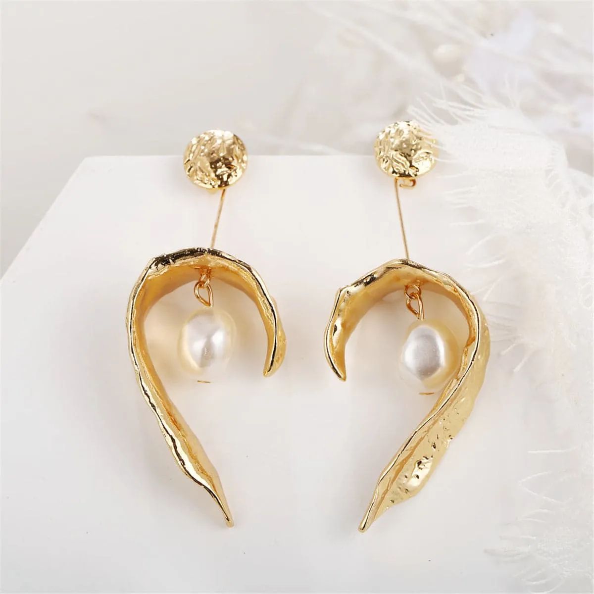 Pearl & 18K Gold-Plated Leaf Drop Earring