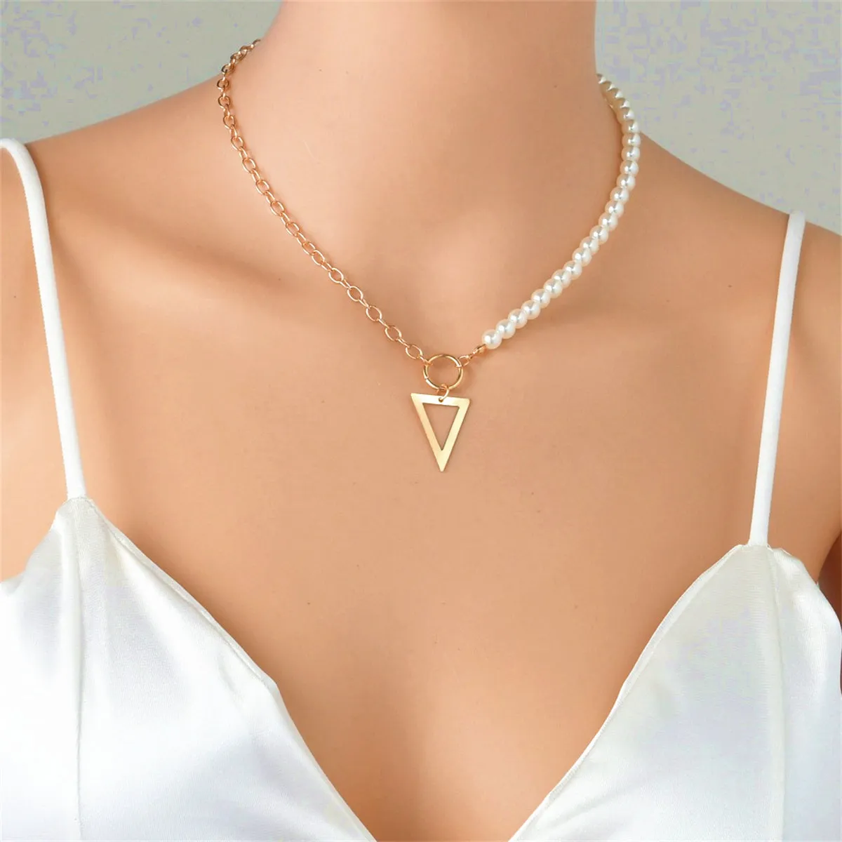 Pearl & 18K Gold-Plated Open Triangle Pendant Necklace