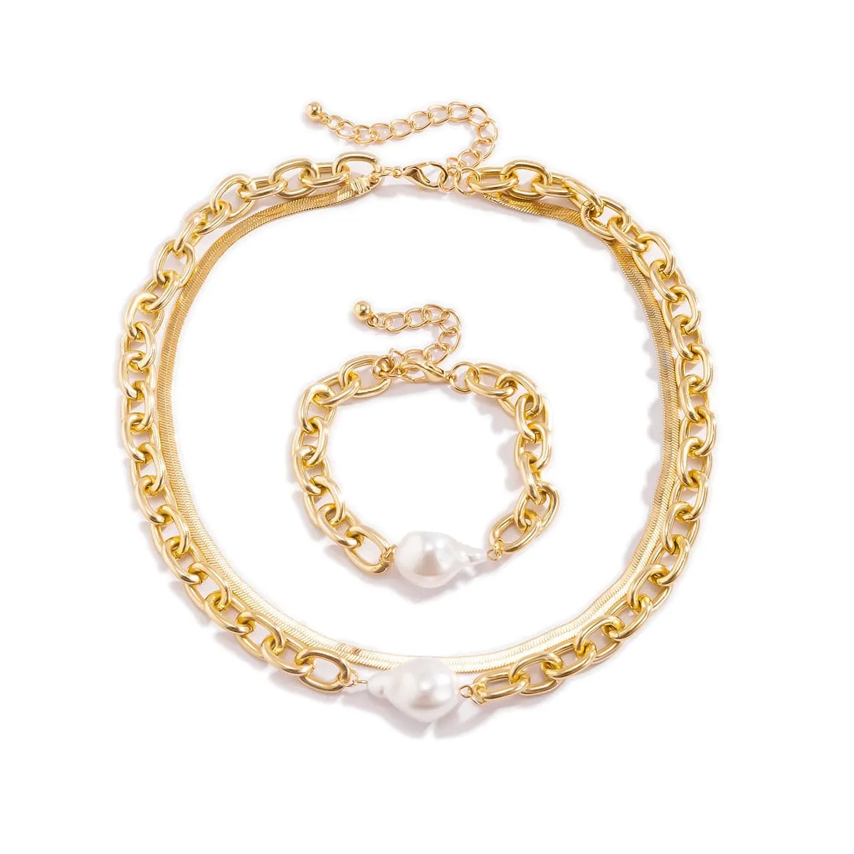 Pearl & 18K Gold Plated Snake Chain Necklace & Bracelet