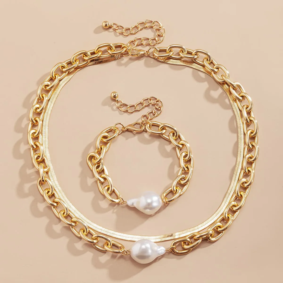Pearl & 18K Gold Plated Snake Chain Necklace & Bracelet