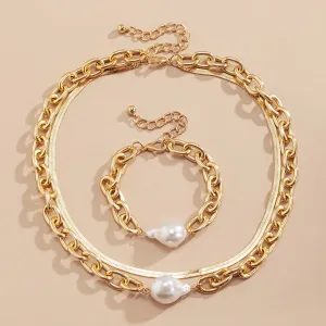 Pearl & 18K Gold Plated Snake Chain Necklace & Bracelet