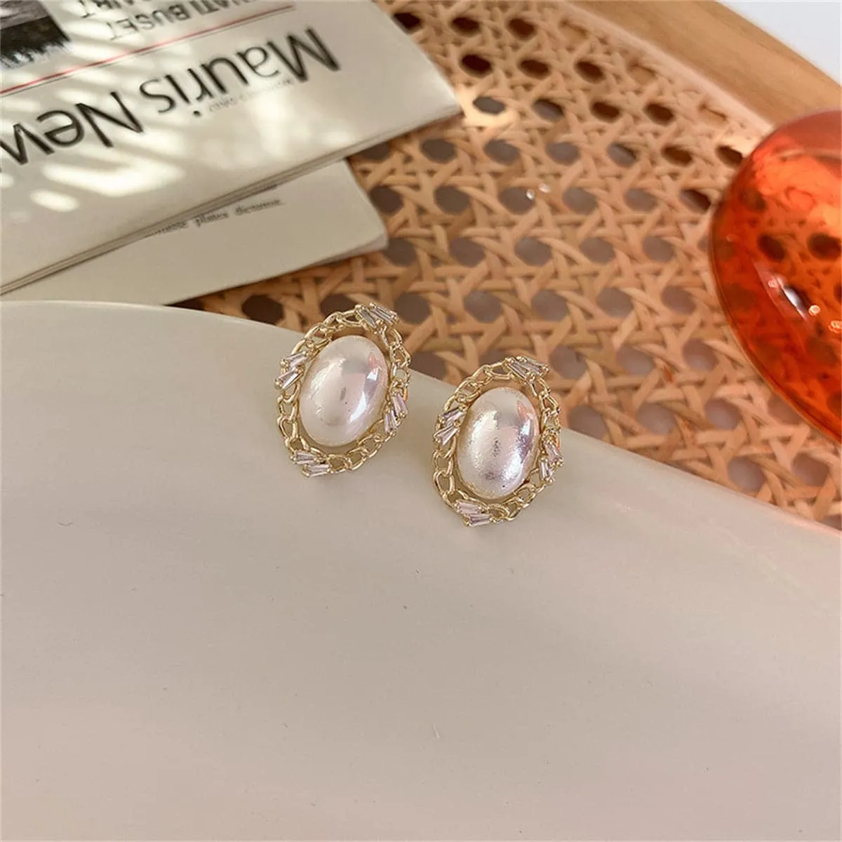 Pearl & Cubic Zirconia 18K Gold-Plated Chain Oval Stud Earrings