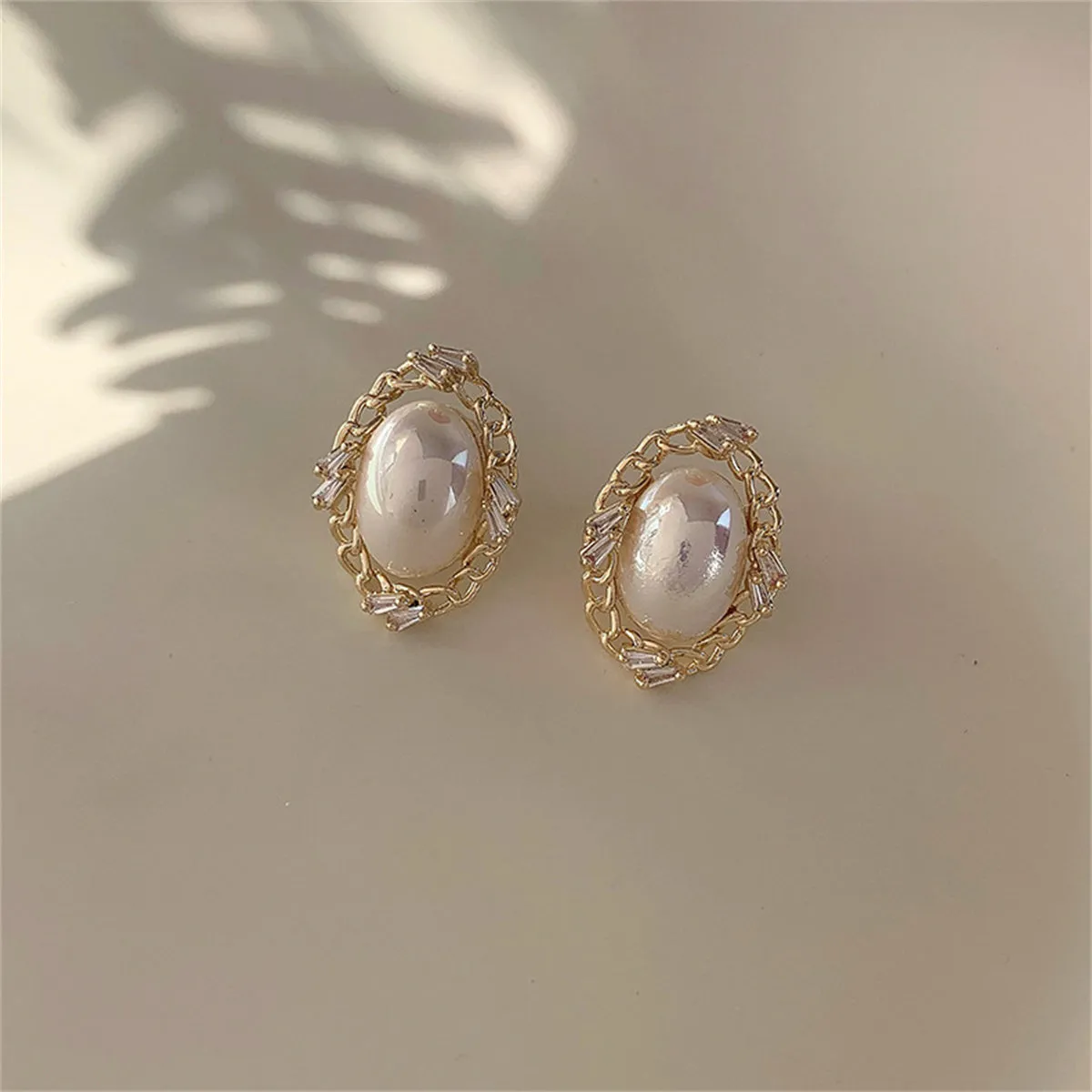 Pearl & Cubic Zirconia 18K Gold-Plated Chain Oval Stud Earrings