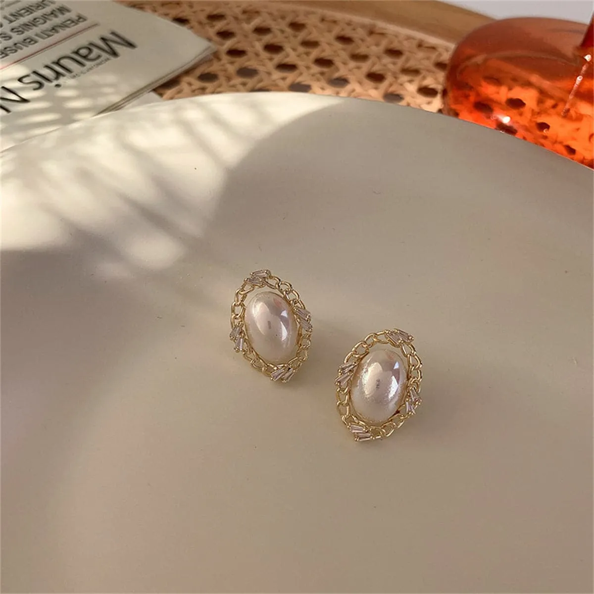 Pearl & Cubic Zirconia 18K Gold-Plated Chain Oval Stud Earrings