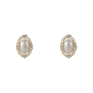 Pearl & Cubic Zirconia 18K Gold-Plated Chain Oval Stud Earrings