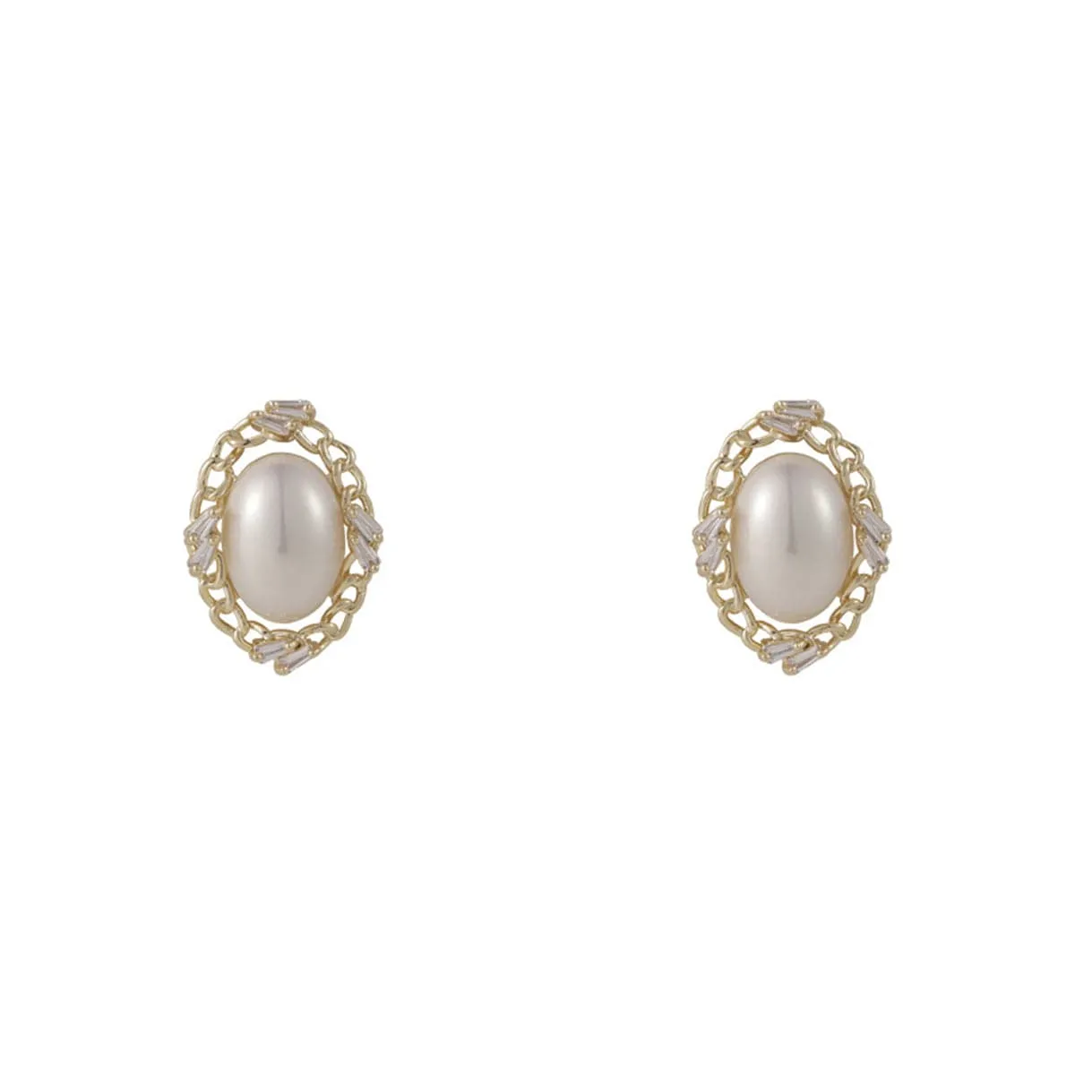 Pearl & Cubic Zirconia 18K Gold-Plated Chain Oval Stud Earrings