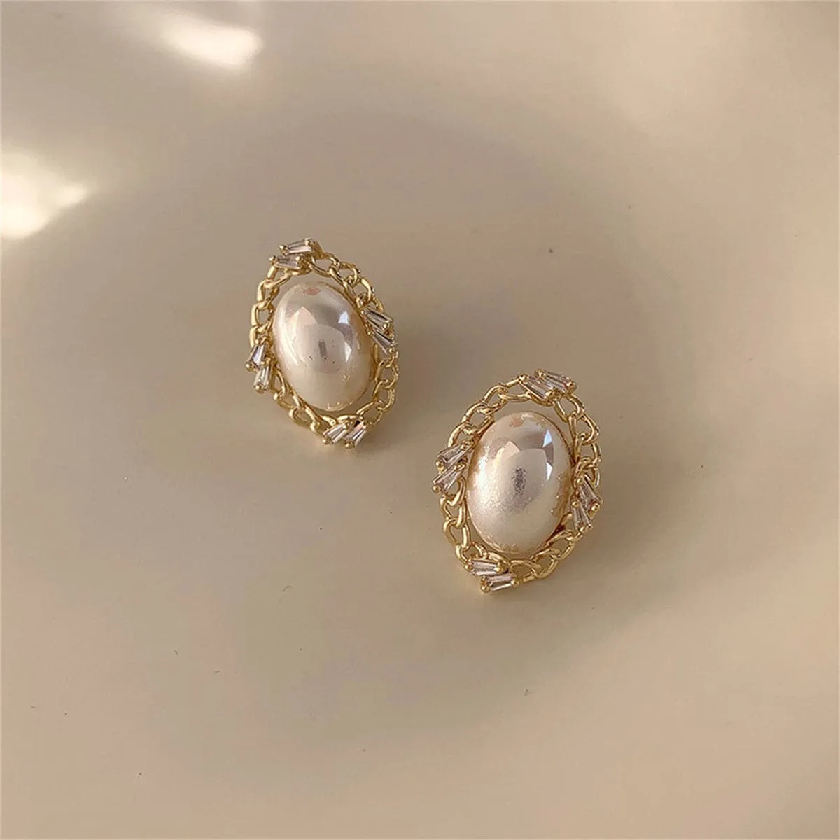 Pearl & Cubic Zirconia 18K Gold-Plated Chain Oval Stud Earrings