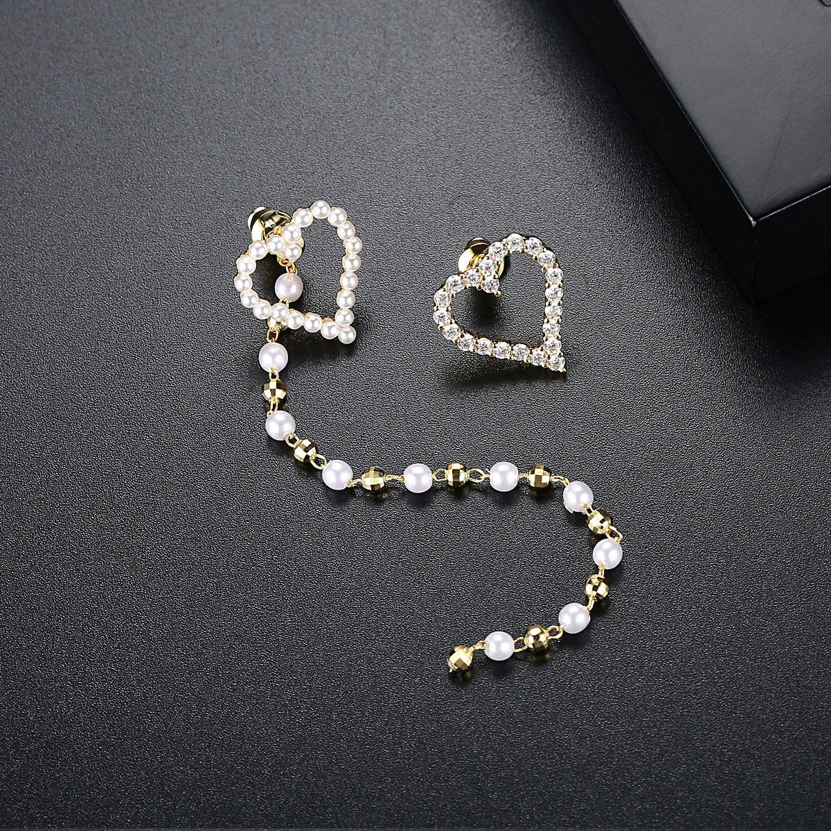 Pearl & Cubic Zirconia 18K Gold-Plated Heart Mismatched Earrings