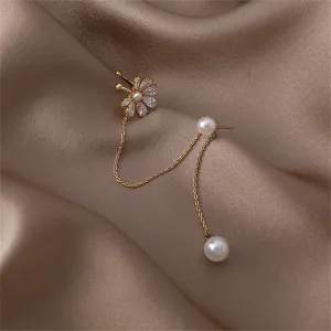 Pearl & Cubic Zirconia Floral Chain Clip-On Earring