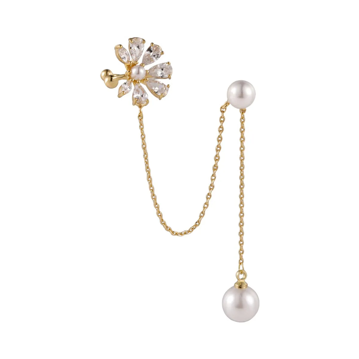 Pearl & Cubic Zirconia Floral Chain Clip-On Earring