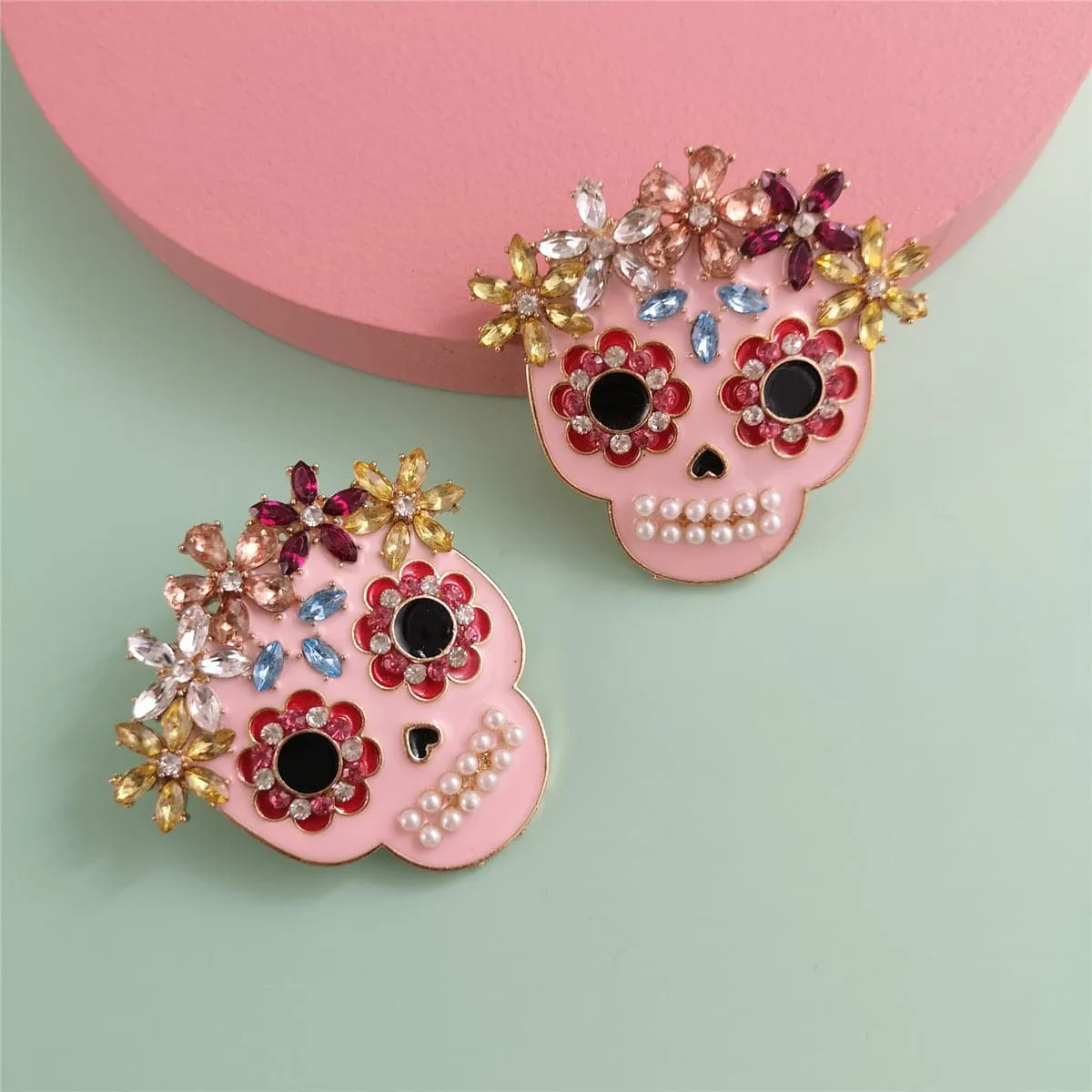 Pearl & Cubic Zirconia Sugar Skull Stud Earrings