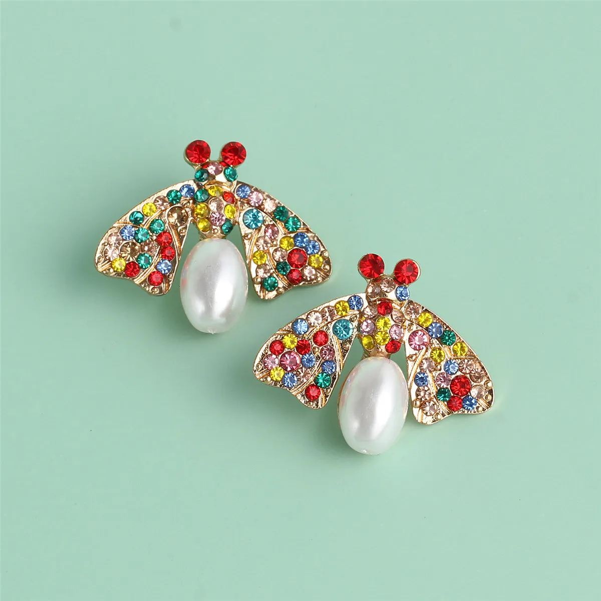 Pearl & Multicolor Cubic Zirconia Bee Stud Earrings