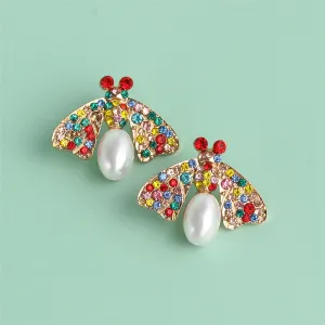 Pearl & Multicolor Cubic Zirconia Bee Stud Earrings