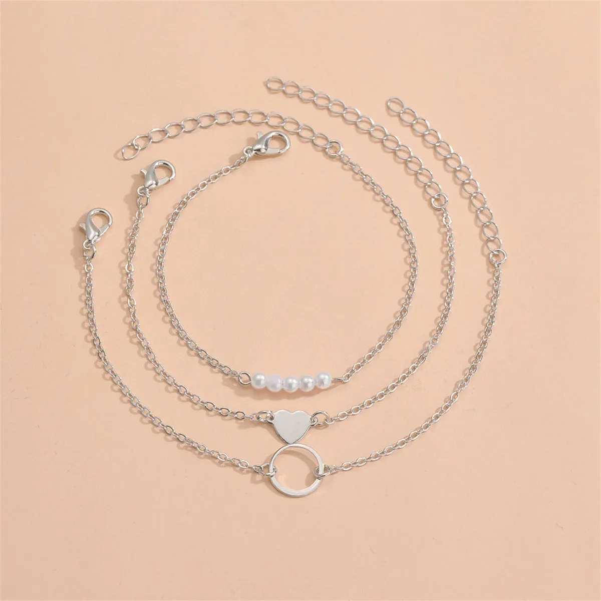Pearl & Silver-Plated Heart Charm Bracelet Set