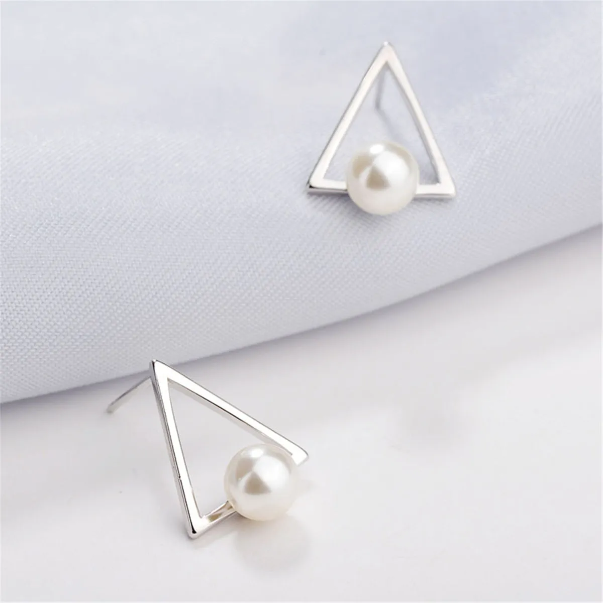 Pearl & Silver-Plated Hollow-Triangle Stud Earrings