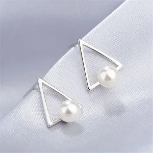 Pearl & Silver-Plated Hollow-Triangle Stud Earrings