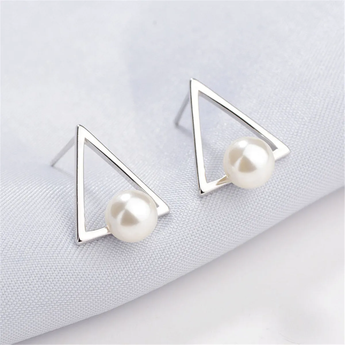 Pearl & Silver-Plated Hollow-Triangle Stud Earrings