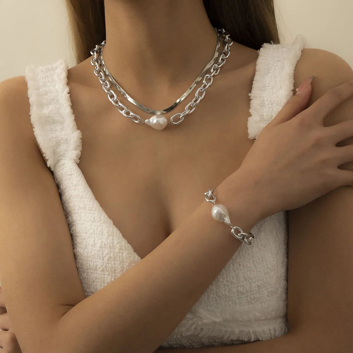 Pearl & Silver Plated Snake Chain Necklace & Bracelet