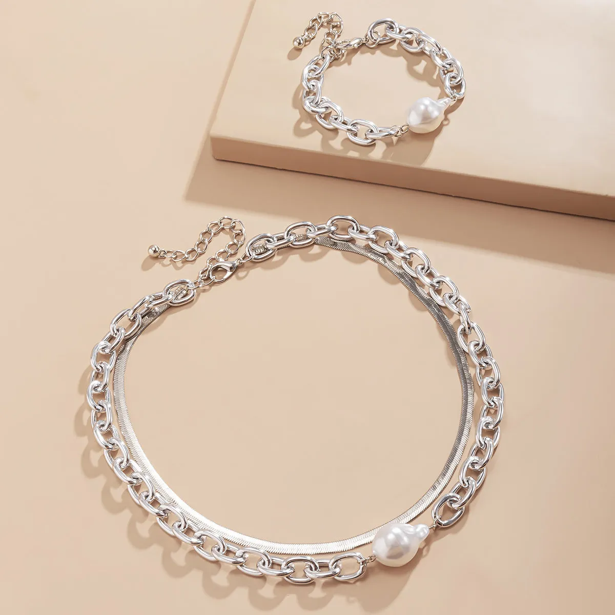 Pearl & Silver Plated Snake Chain Necklace & Bracelet