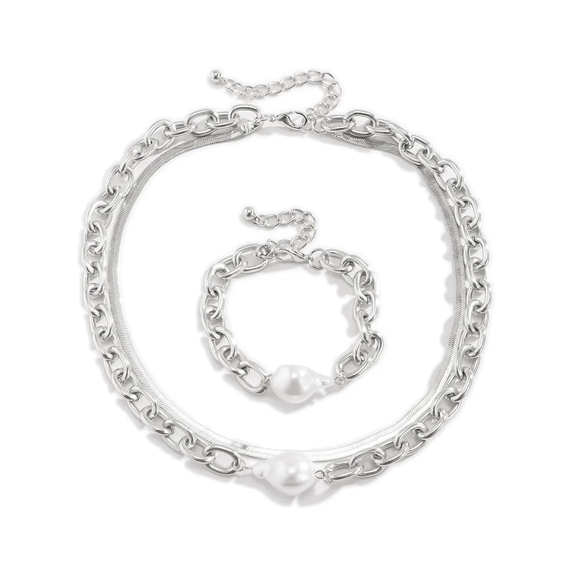 Pearl & Silver Plated Snake Chain Necklace & Bracelet