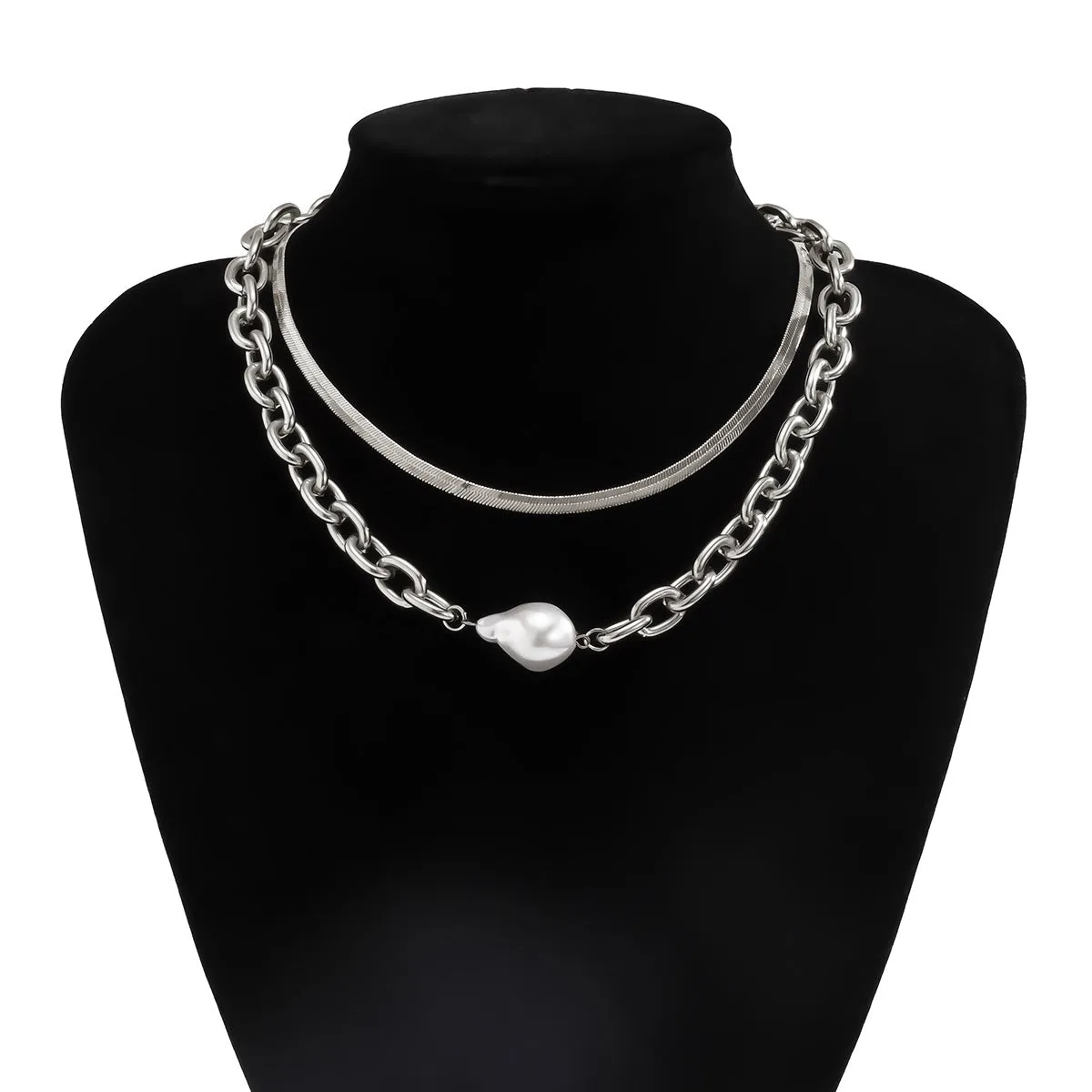 Pearl & Silver Plated Snake Chain Necklace & Bracelet