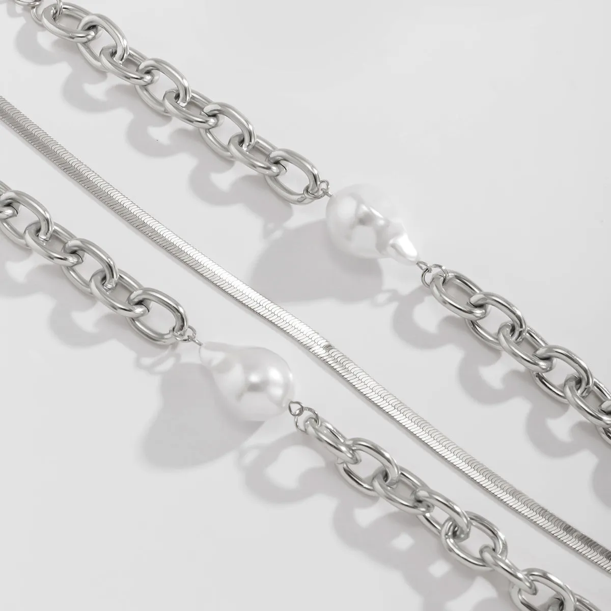 Pearl & Silver Plated Snake Chain Necklace & Bracelet