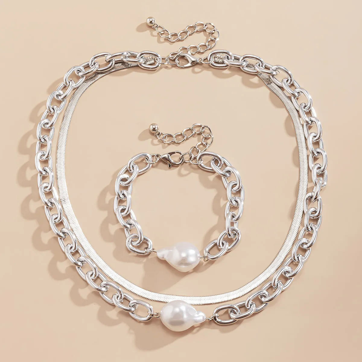Pearl & Silver Plated Snake Chain Necklace & Bracelet