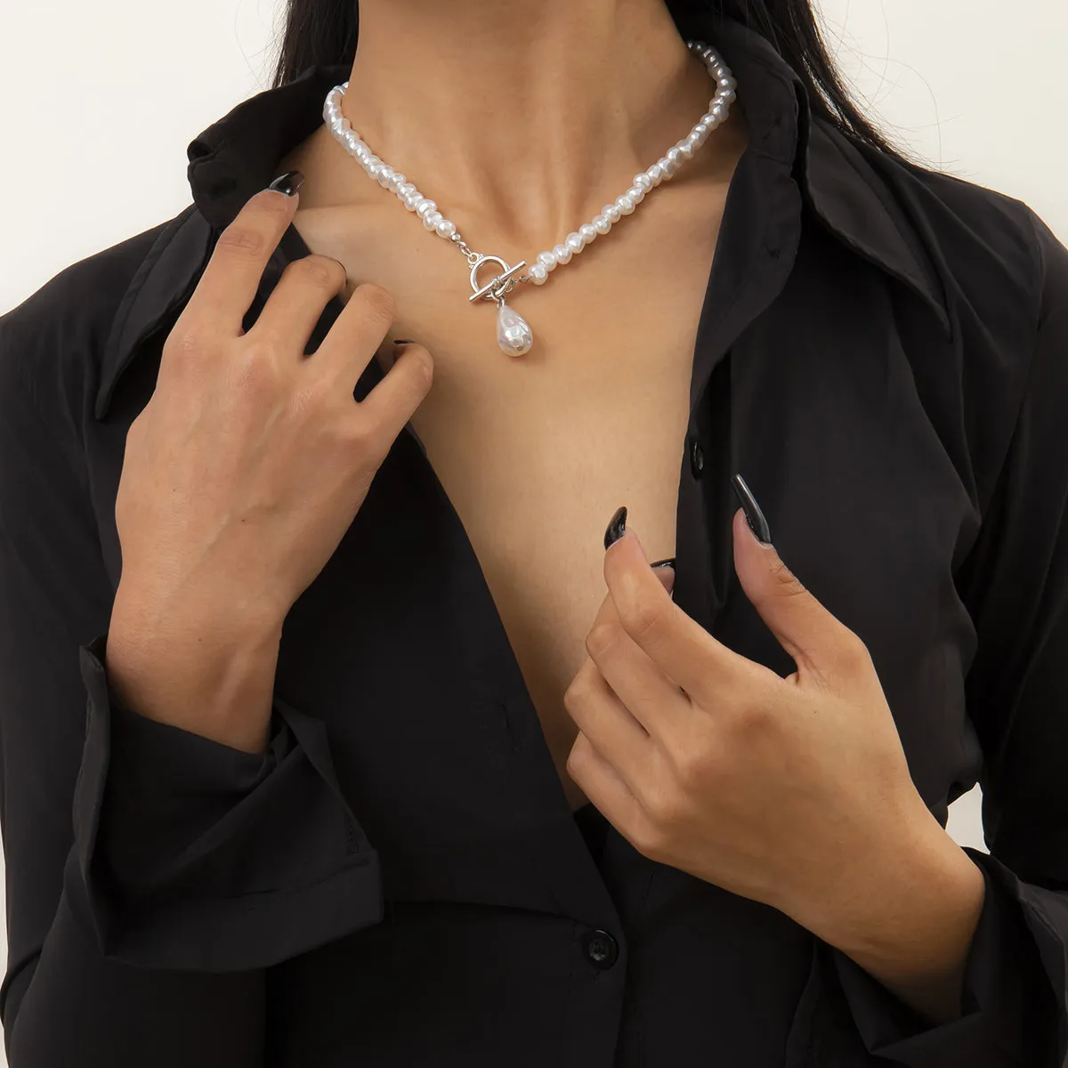 Pearl & Silver-Plated Toggle Pendant Necklace