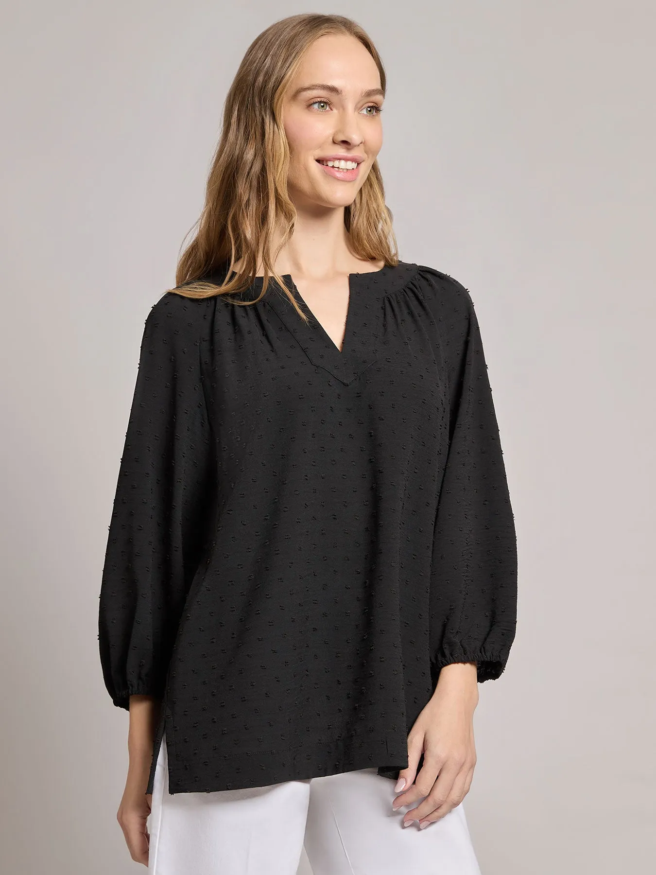 Petite Print V-Neck Pleated Kelly Blouse, Jacquard