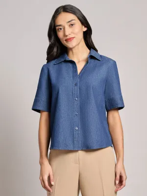 Petite Short Sleeve Button Front Top, Chambray