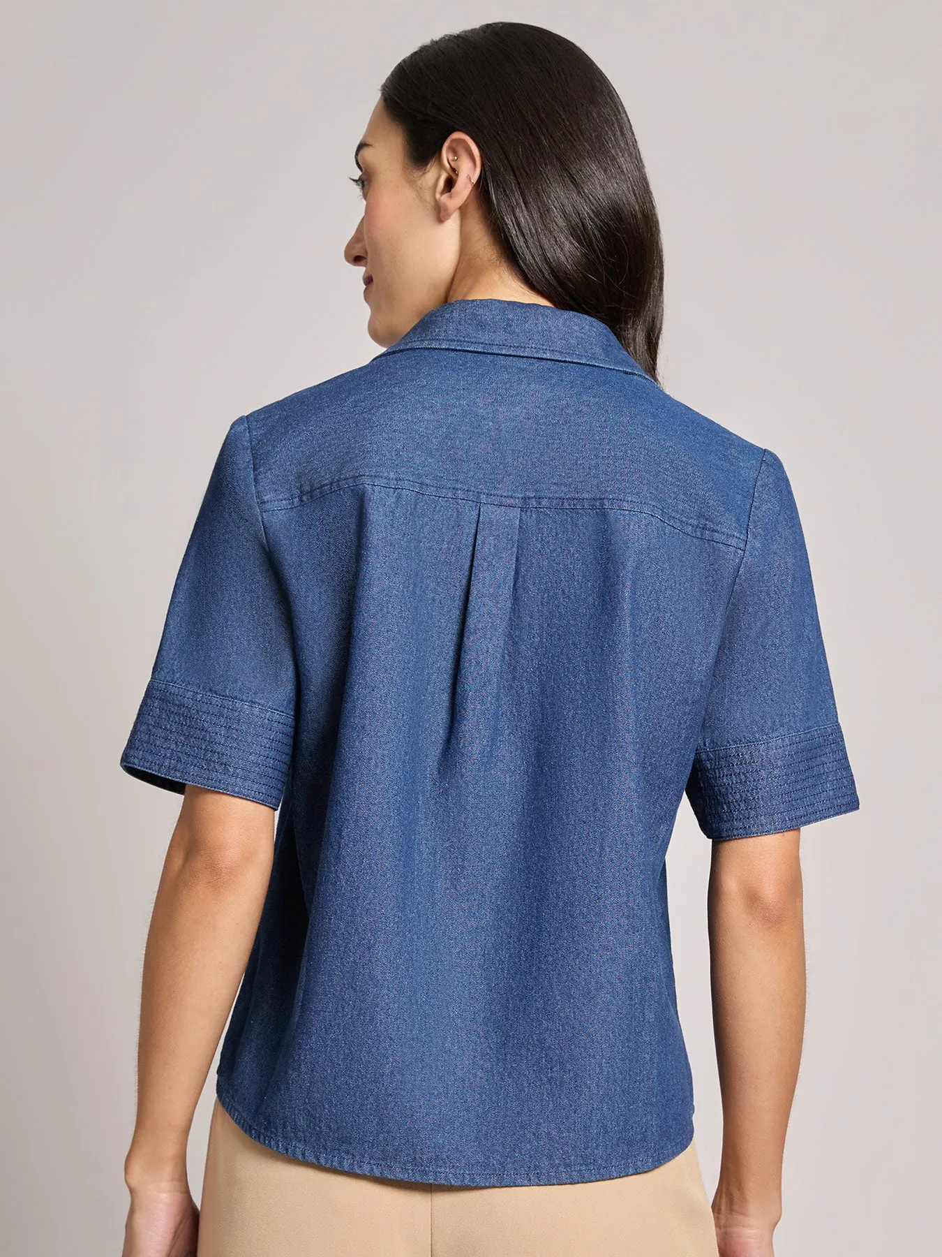 Petite Short Sleeve Button Front Top, Chambray