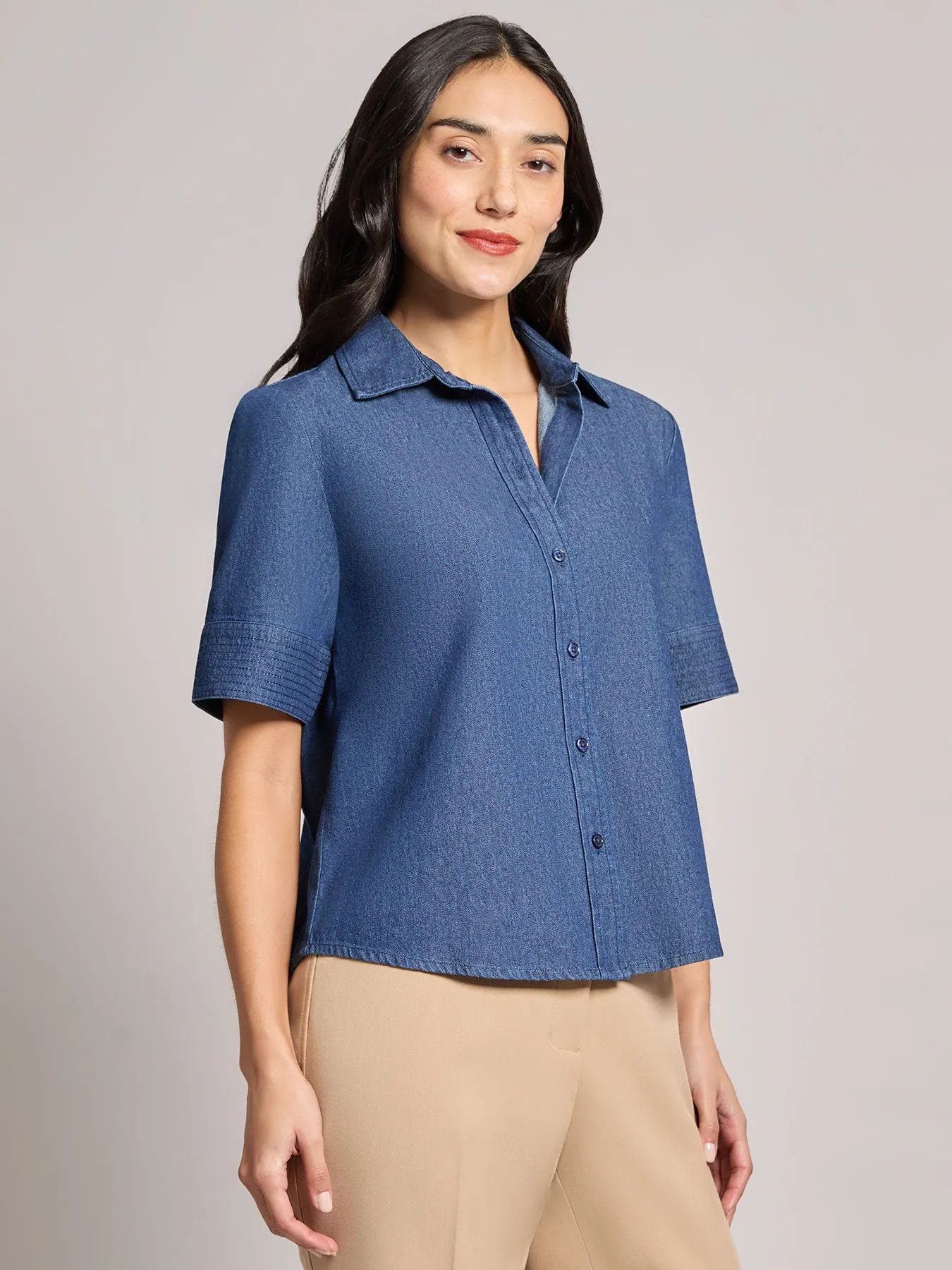 Petite Short Sleeve Button Front Top, Chambray