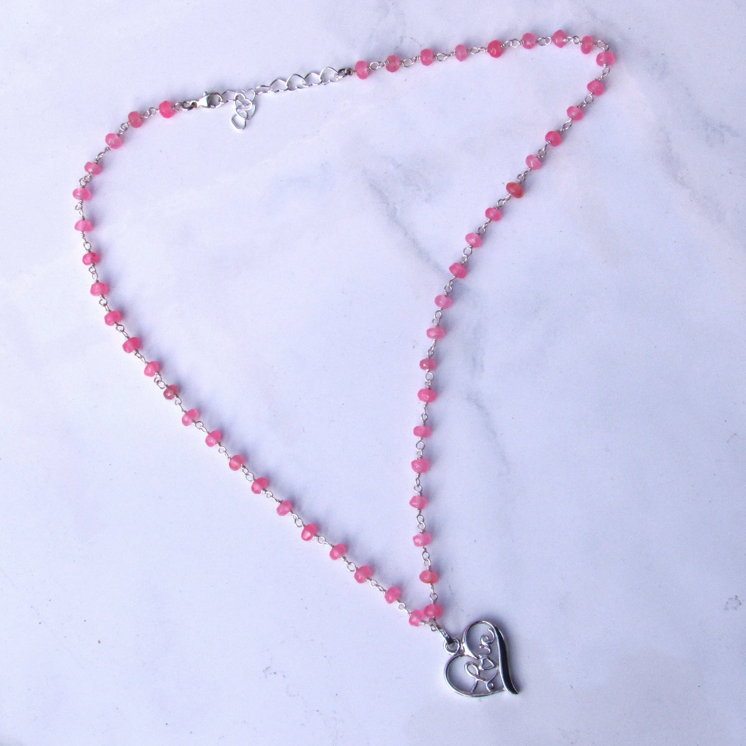 Pink Chalcedony gemstone Silver Heart Love Choker