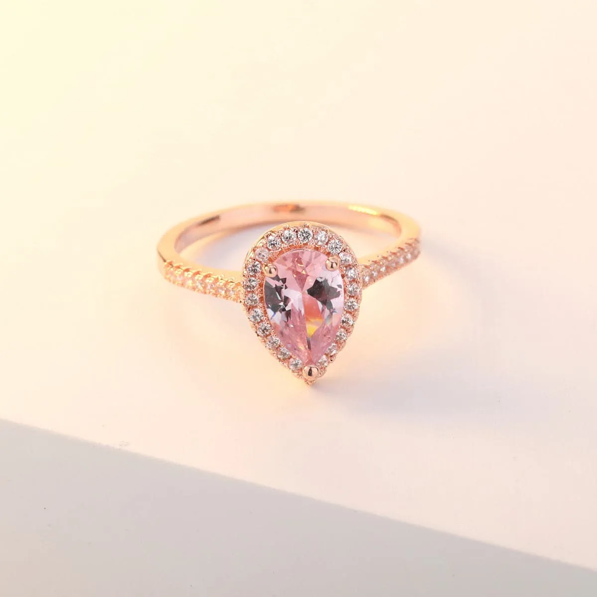 Pink Crystal & Cubic Zirconia Pear-Cut Halo Ring