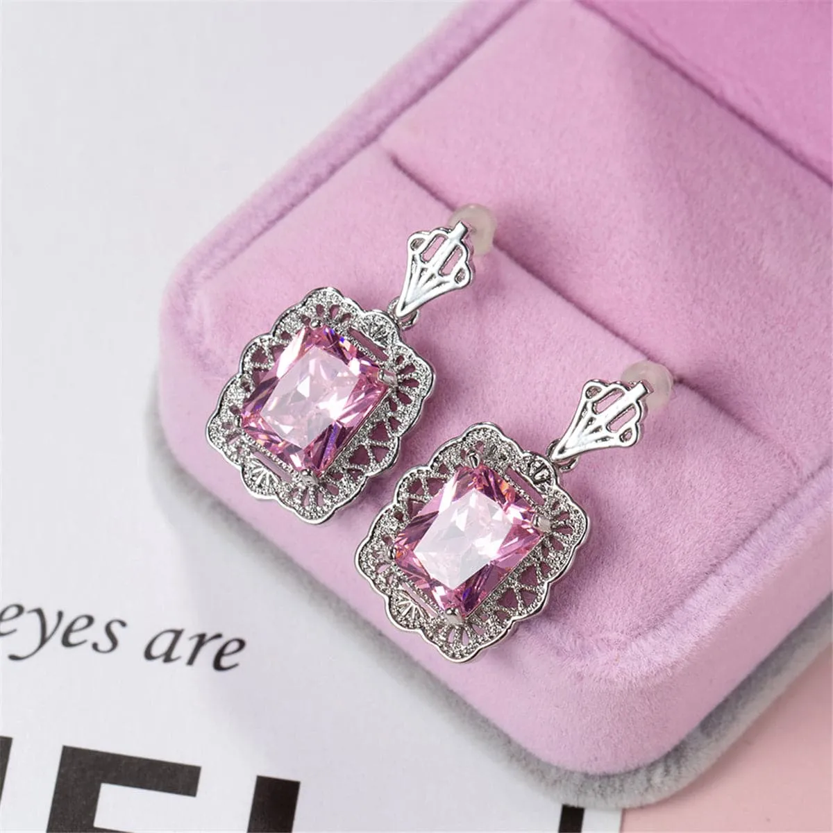 Pink Crystal & Silver-Plated Radient-Cut Drop Earrings