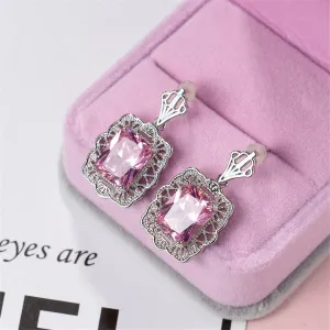 Pink Crystal & Silver-Plated Radient-Cut Drop Earrings