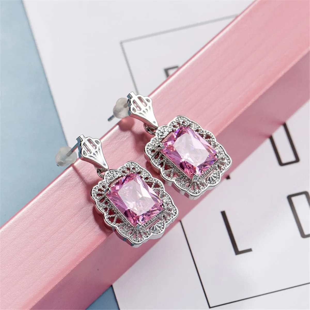 Pink Crystal & Silver-Plated Radient-Cut Drop Earrings