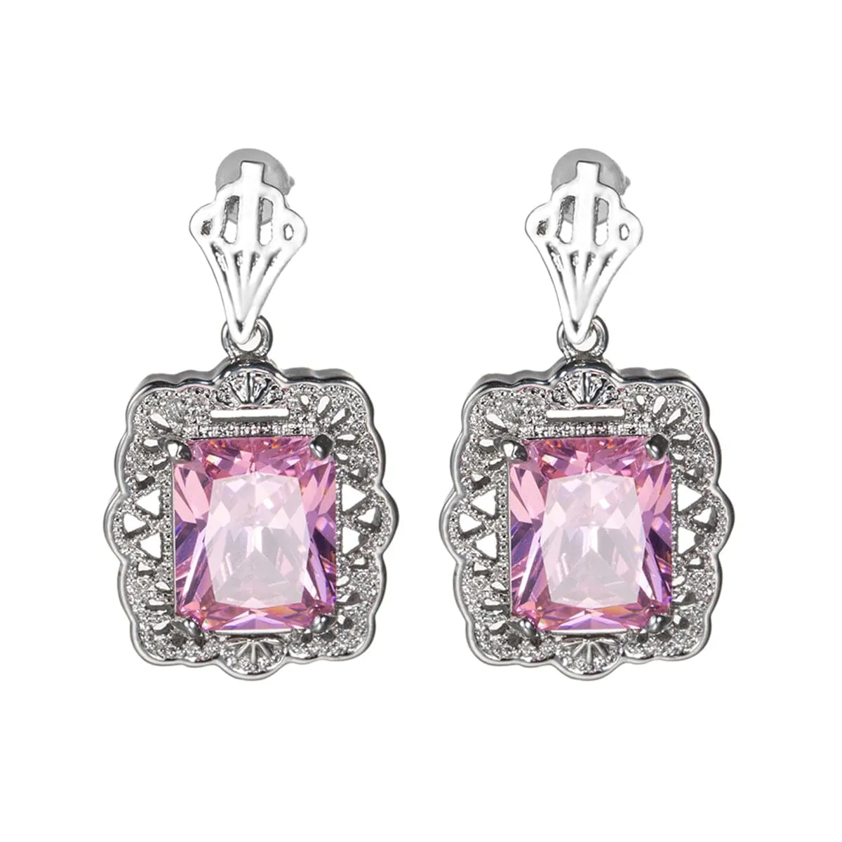 Pink Crystal & Silver-Plated Radient-Cut Drop Earrings