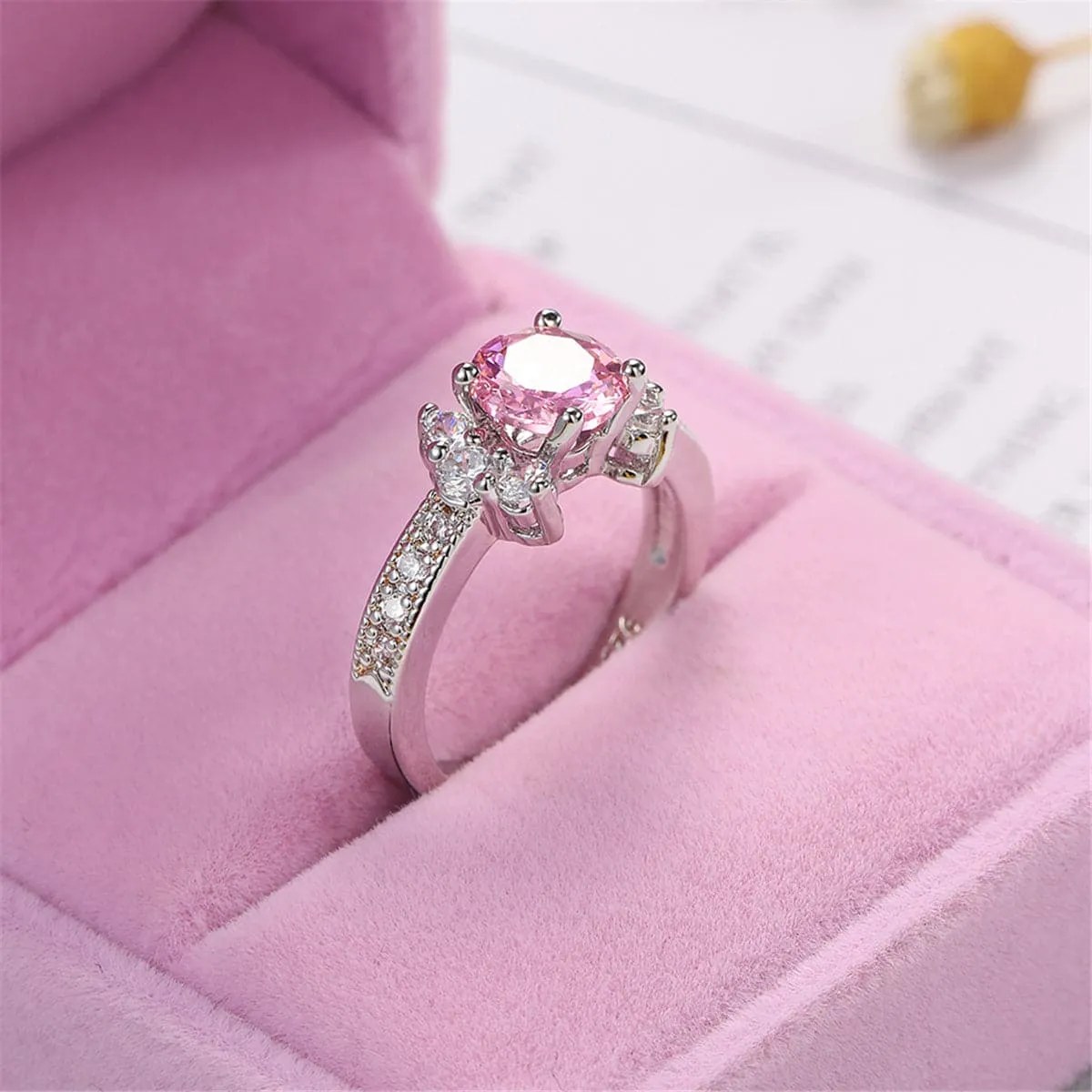 Pink Cubic Zirconia & Crystal Round Cluster-Side Ring