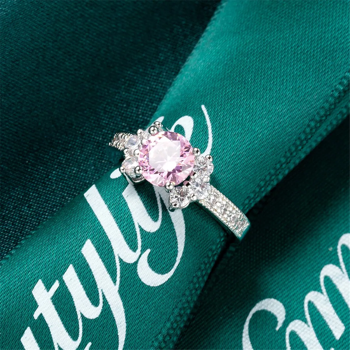 Pink Cubic Zirconia & Crystal Round Cluster-Side Ring