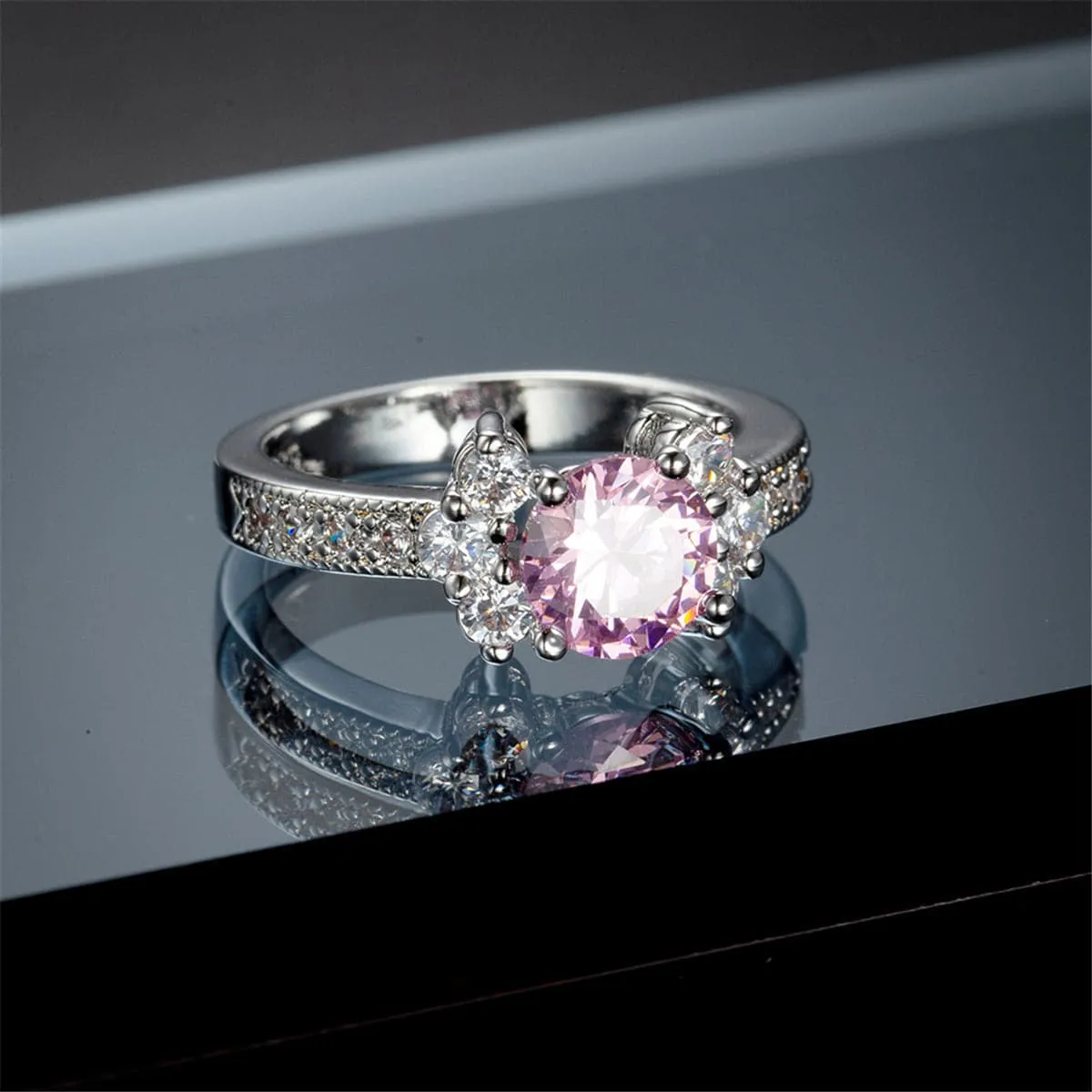 Pink Cubic Zirconia & Crystal Round Cluster-Side Ring