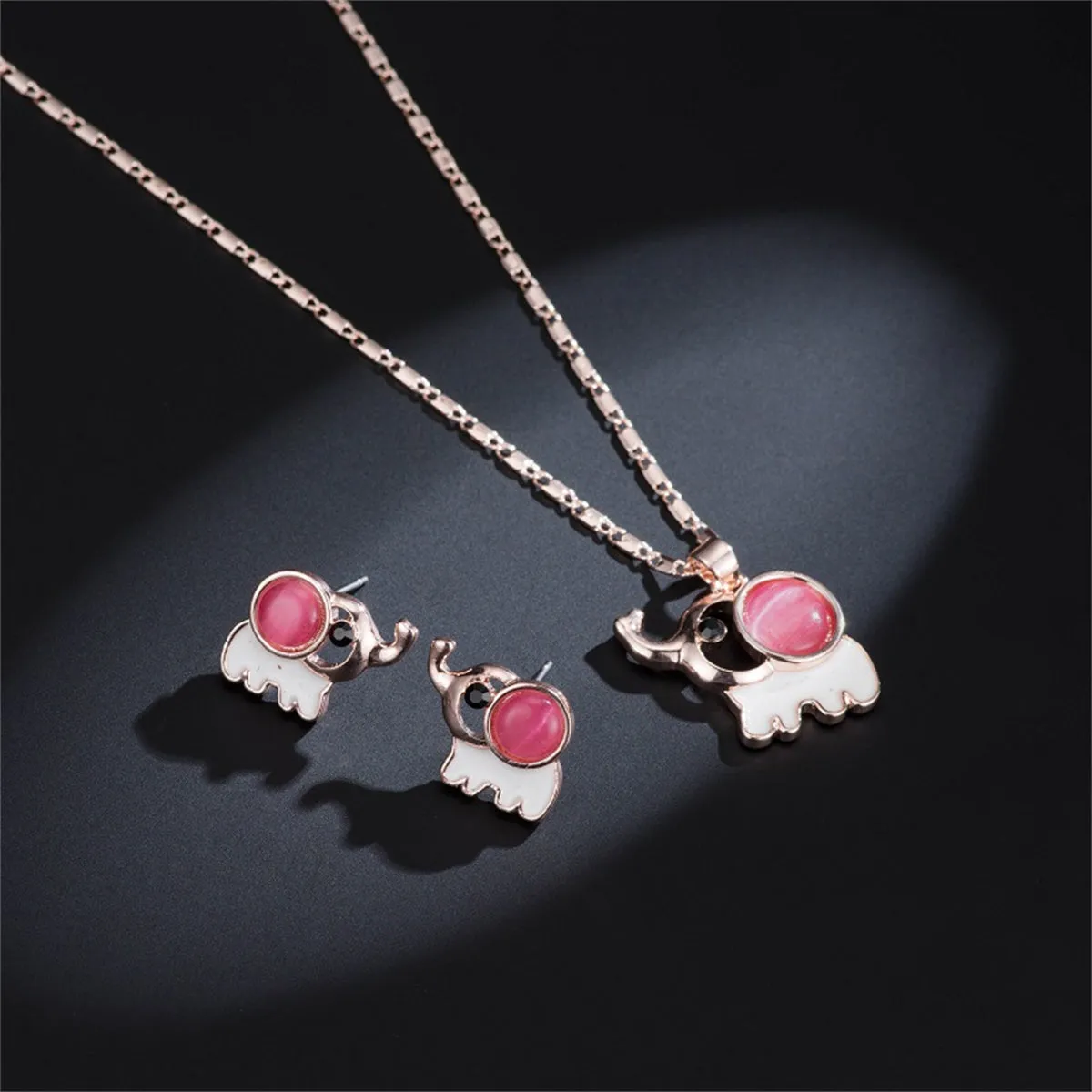 Pink Rose Quartz & Cubic Zirconia Elephant Pendant Necklace Set