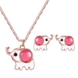 Pink Rose Quartz & Cubic Zirconia Elephant Pendant Necklace Set