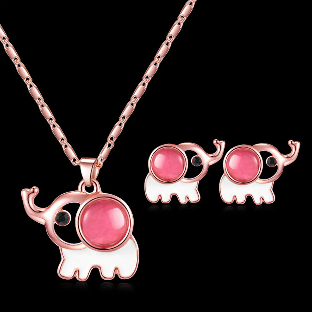 Pink Rose Quartz & Cubic Zirconia Elephant Pendant Necklace Set