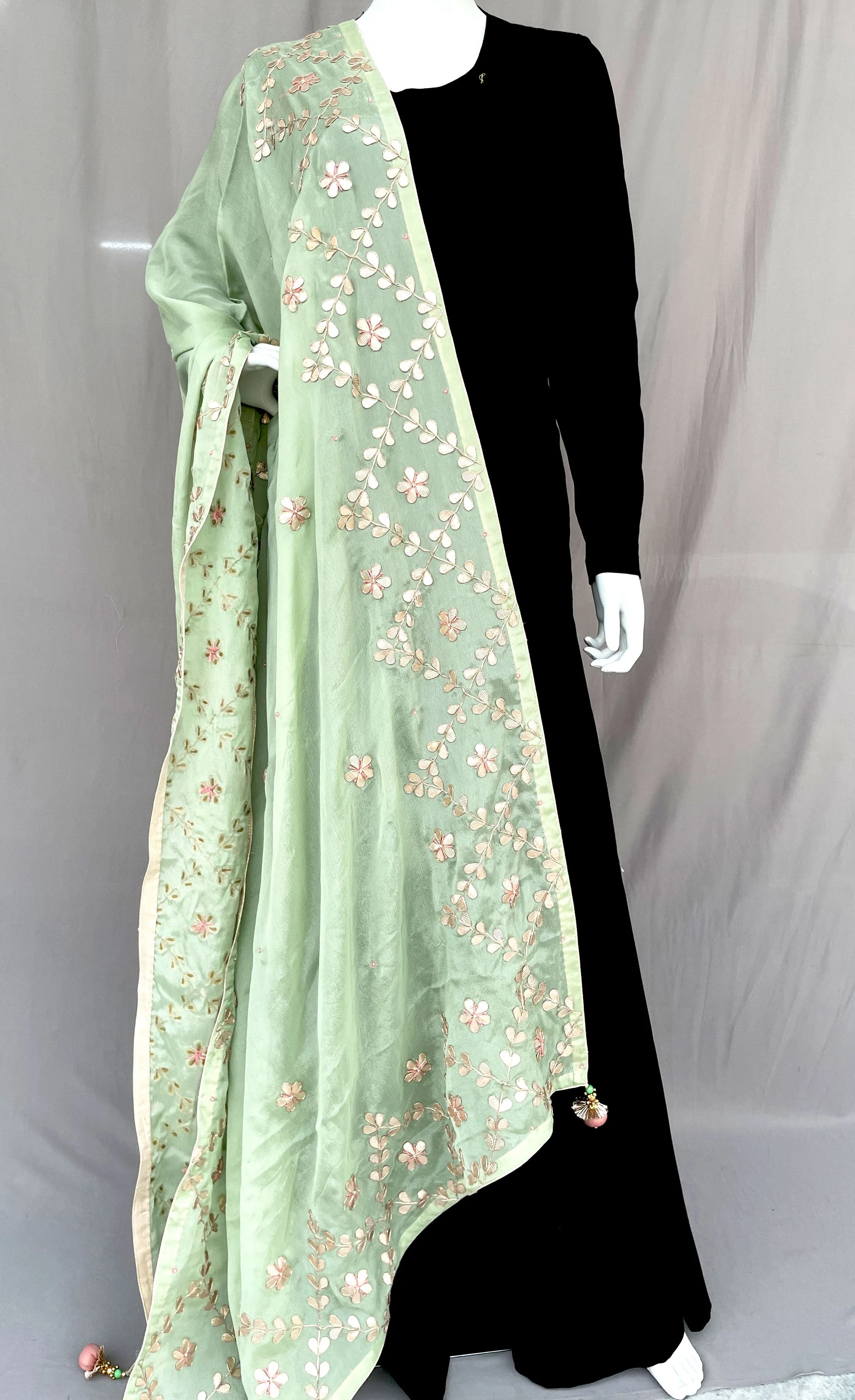 Pista Green Gota Patti Dupatta Full Handwork Pure Chinon Rajasthani Dupatta