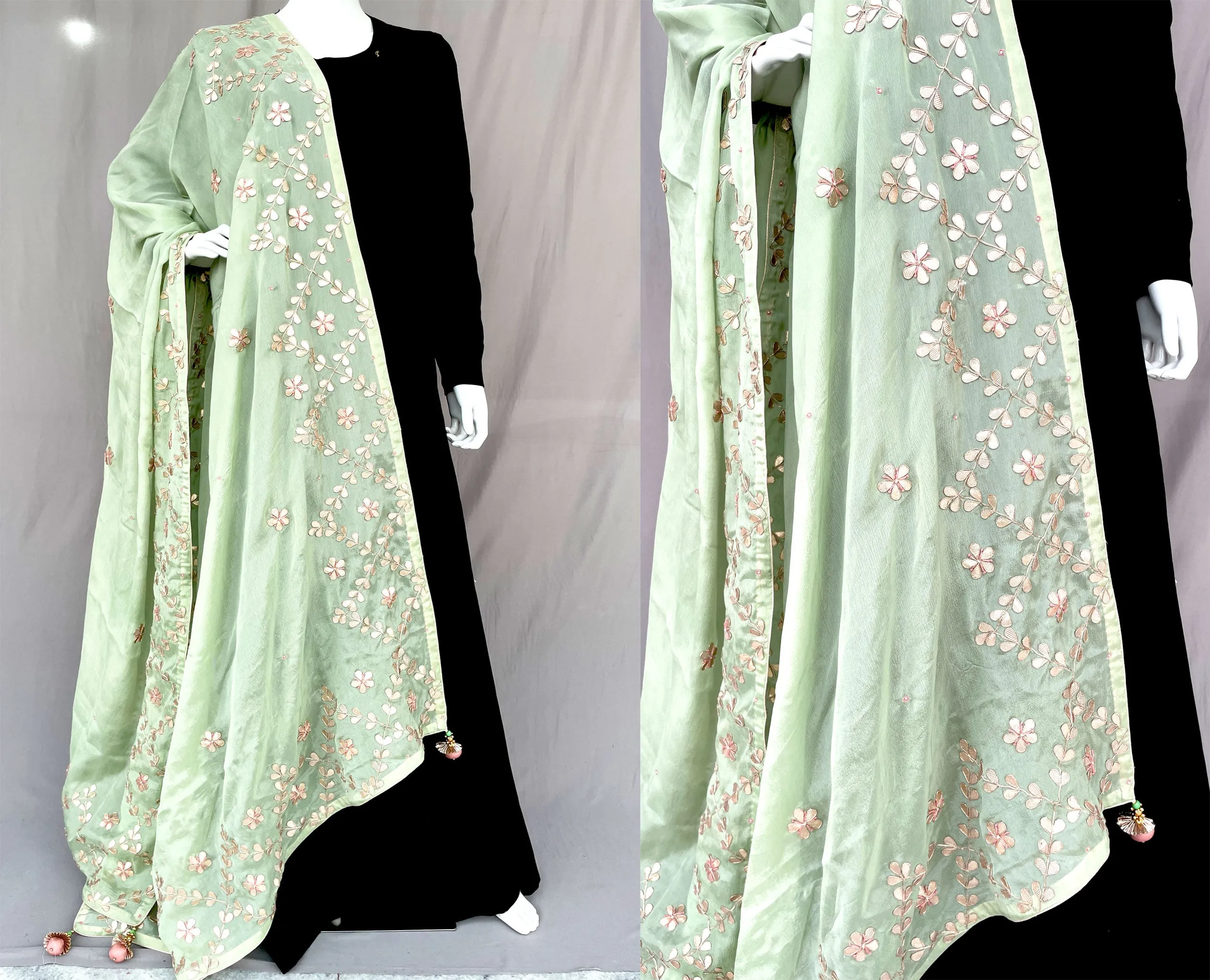 Pista Green Gota Patti Dupatta Full Handwork Pure Chinon Rajasthani Dupatta